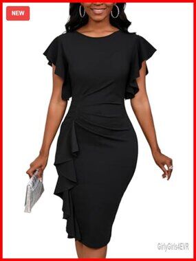 Ruffle Sleeve Bodycon Midi Dress Crew Neck Work Pencil Church Dress
